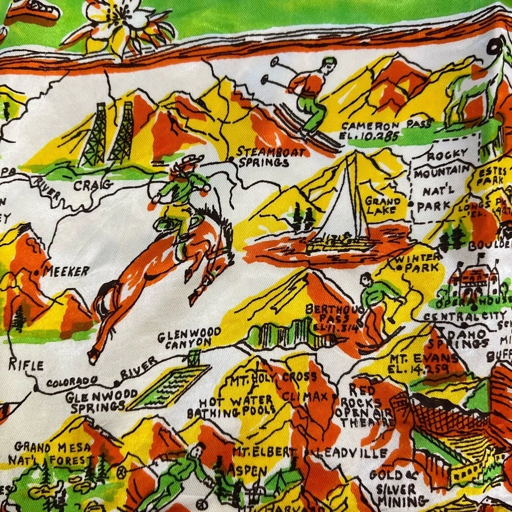 Vintage Colorful Colorado Centennial Souvenir Silk Scarf Picture Map Green